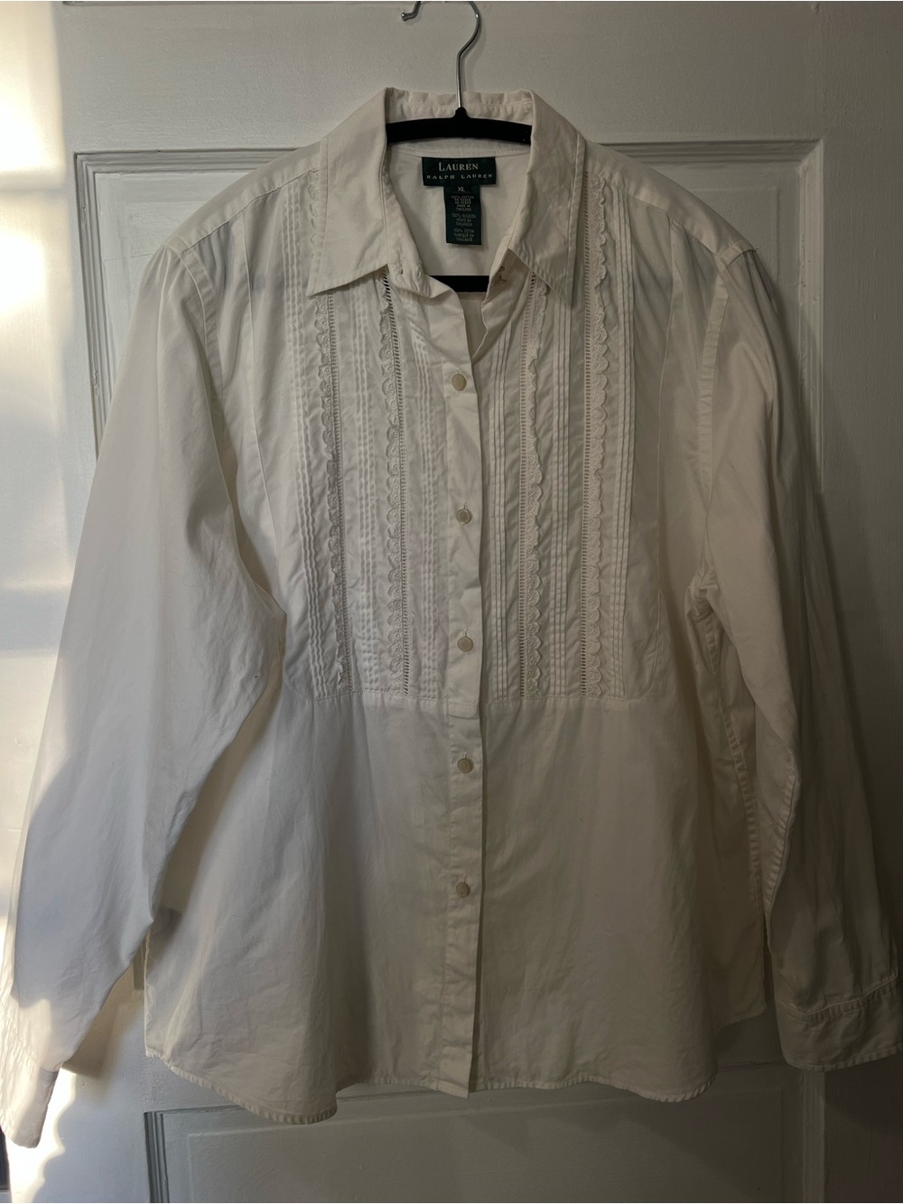 Vintage Lauren Ralph Lauren White Button-Down Shirt with Pintuck & Lace
